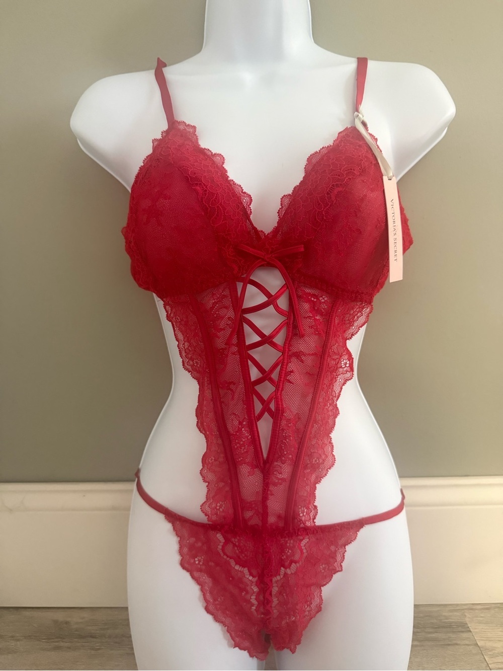 Victoria's Secret Red Lace Crisscross Bodysuit